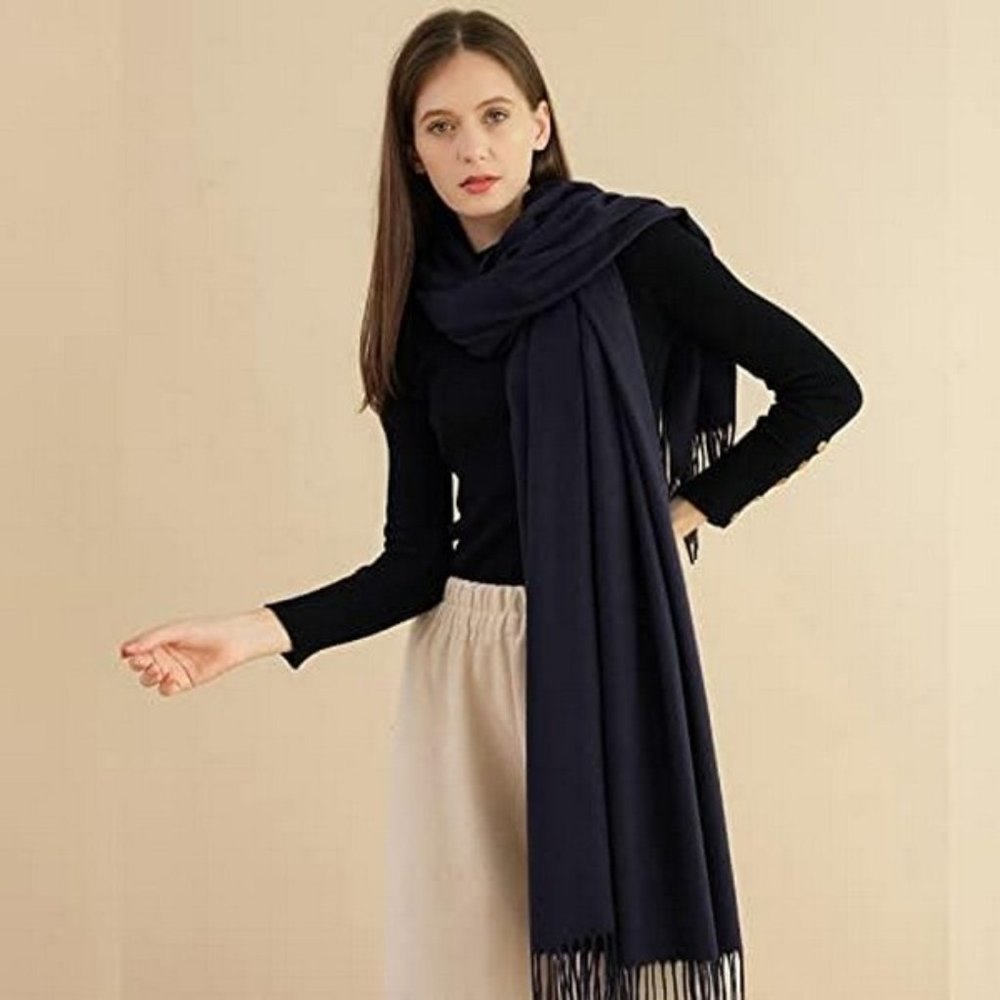 NEW WOMEN'S Scarf Classic Tassels Soft - Navy